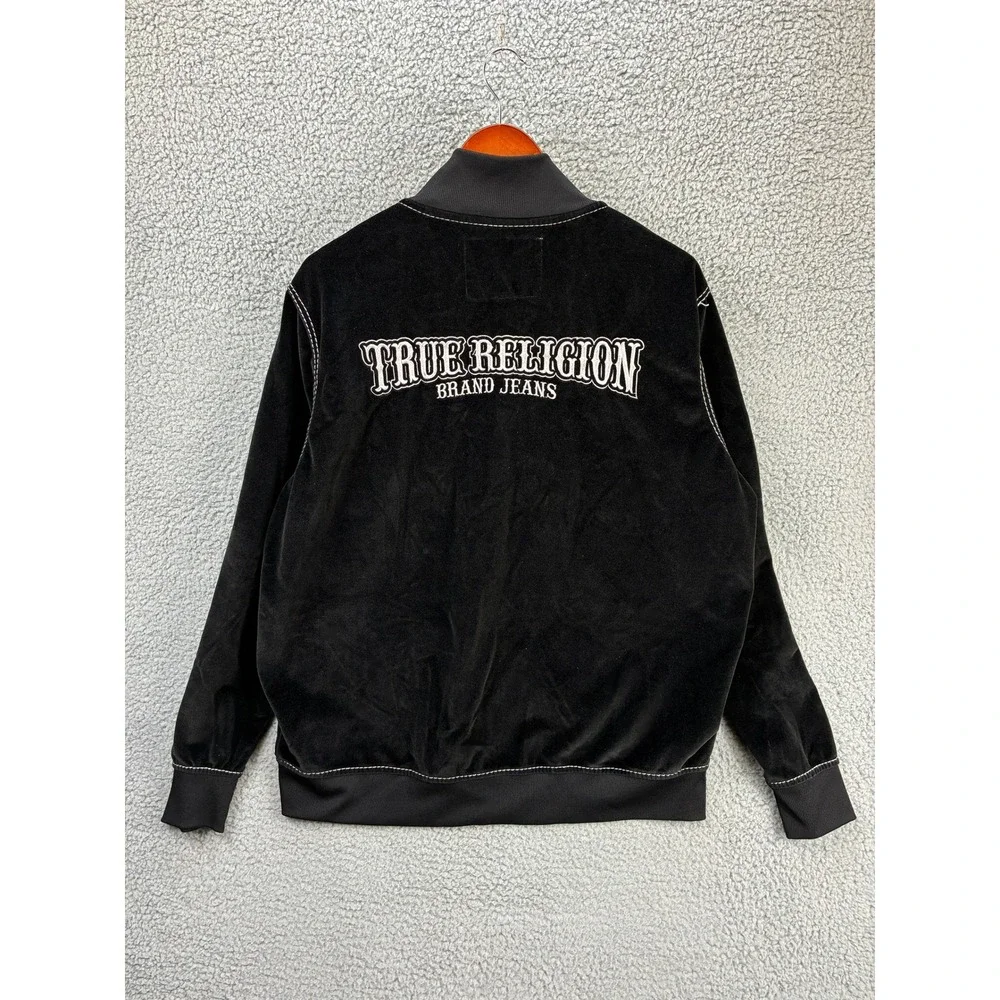 True Religion Big T Velvet Mock Zip Up Jacket Mens L Black Contrast Stitch Y2K